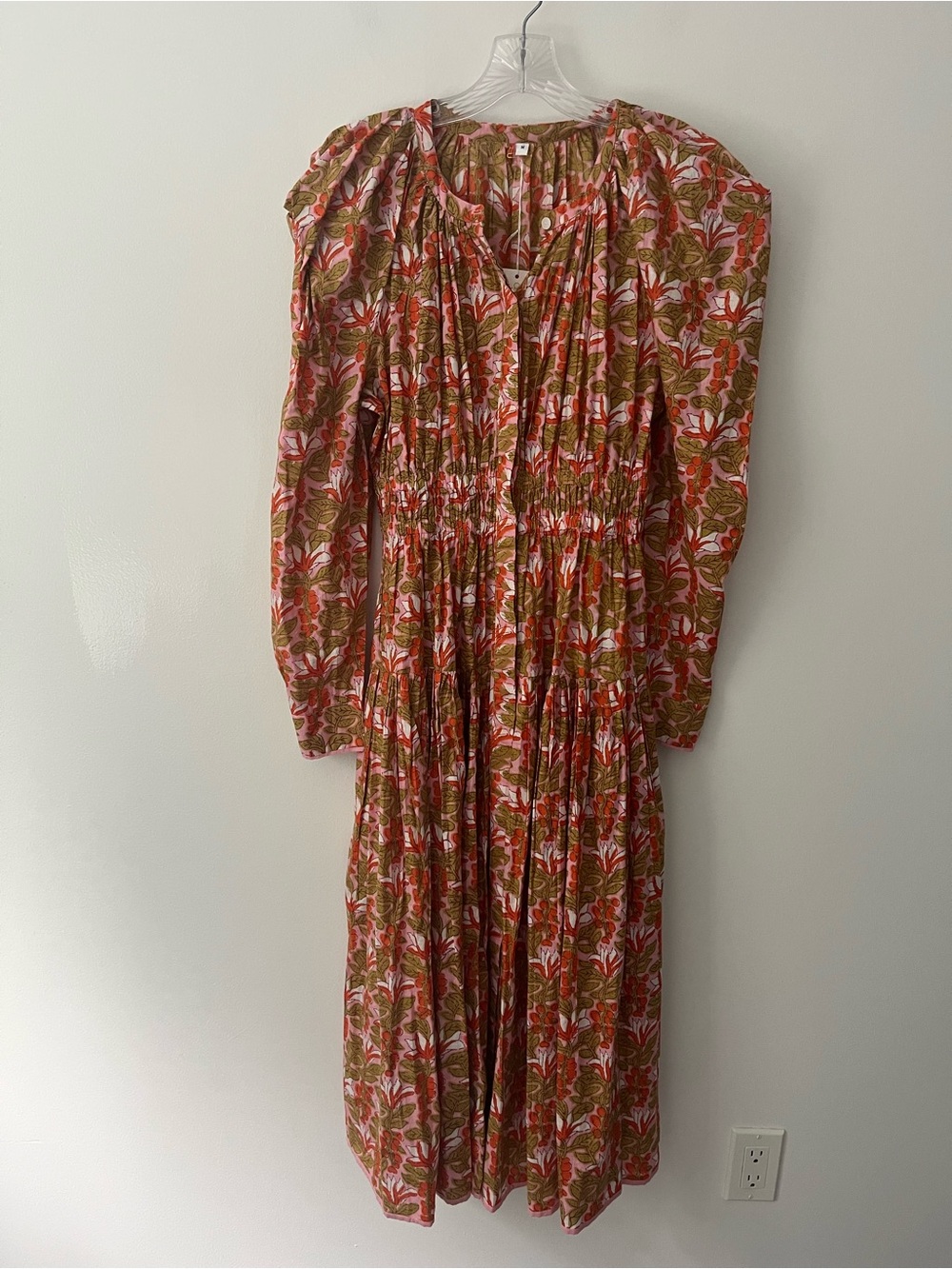 Abode Home Tuckernuck Floral Puff Sleeve Midi Dress Block Print India Cotton M